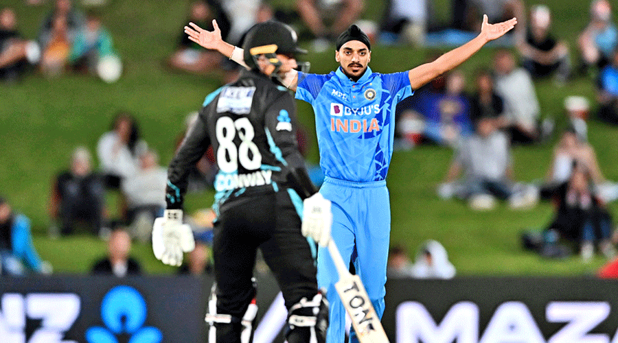 Arshdeep Singh celebrates the wicket of Finn Allen in Napier on Tuesday.