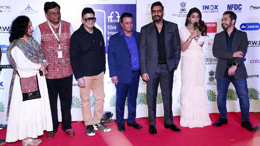 Secretary Ministry of Information & Broadcasting Apurva Chandra with Bollywood actor Ajay Devgn and the Cast and Crew of Drishyam 2 at the red carpet of the festival.