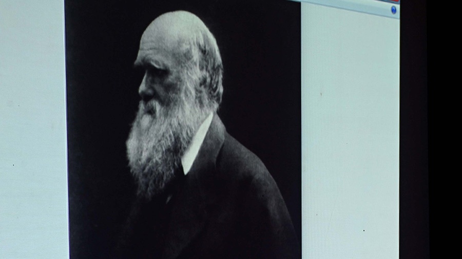 A photograph of Charles Darwin, taken by Julia Margaret Cameron, was a part of the presentation