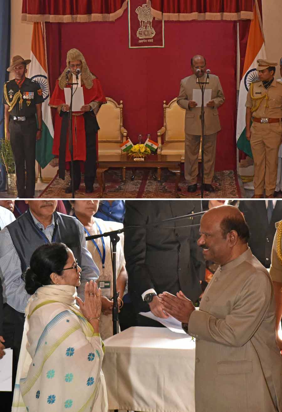 (Top) The oath-taking ceremony of West Bengal's new governor, C.V. Ananda Bose at Raj Bhawan, Kolkata, on Wednesday. He was administered the oath by Calcutta High Court chief justice, Prakash Shrivastava. Former West Bengal governor Gopalkrishna Gandhi was also present at the event. (Bottom) C.V. Ananda Bose exchanges greetings with chief minister Mamata Banerjee