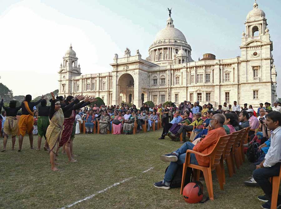 Members of Samuho perform ‘Atho Hidimba Katha’ at the Victoria Memorial Hall on Wednesday. The event was organised to mark World Heritage Week