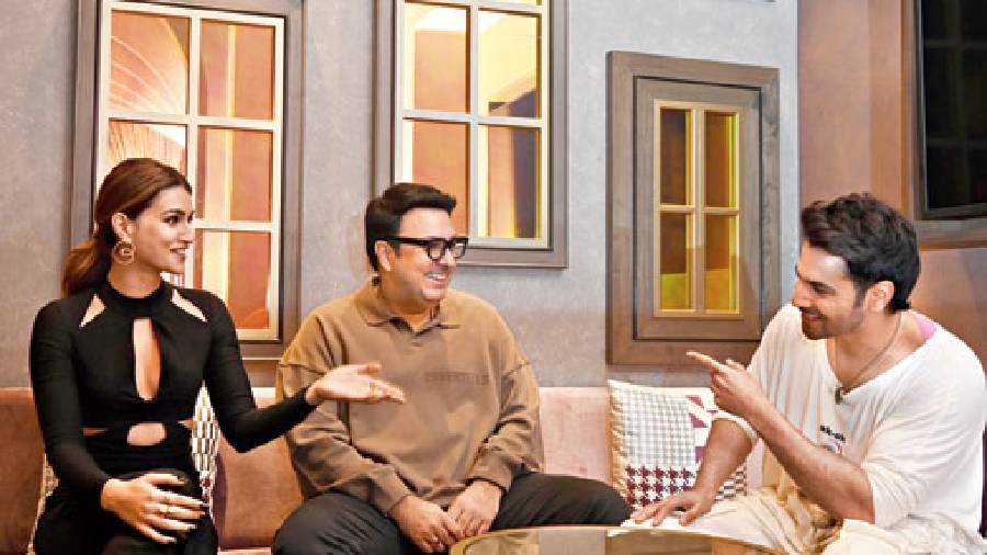 Kriti, Varun and Dinesh Vijan at the The Telegraph chat, on Tuesday