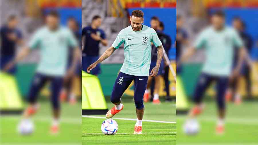 Brazil’s Neymar during training at the Al Arabi SC Stadium in Doha on Wednesday.
