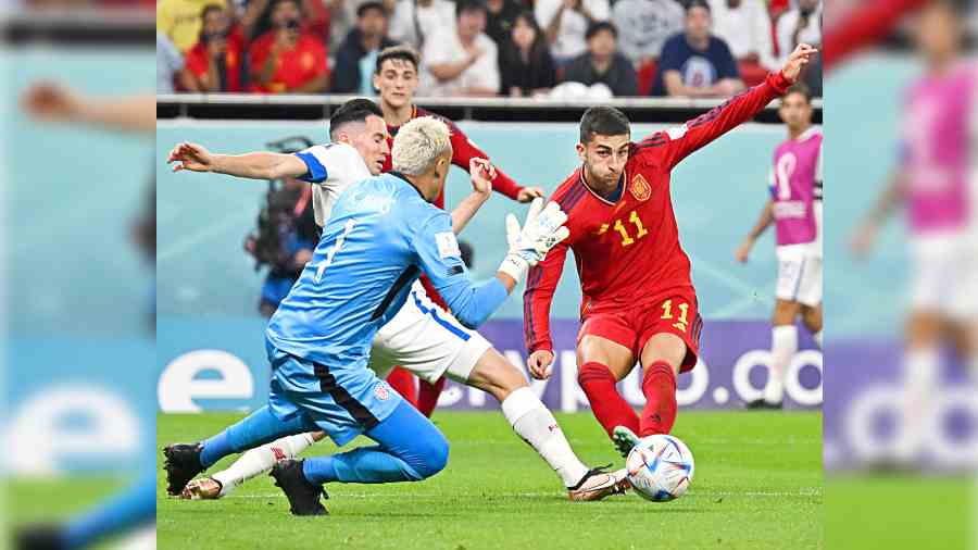 Spain’s Ferran Torres scores their fourth goal, and his second, against Costa Rica at the Al Thumama Stadium on Wednesday.