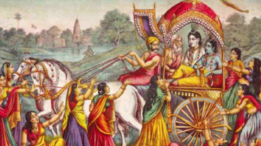 A colourful lithograph of Calcutta Art Studio finds a place in the archives of the British Museum in London. It shows Krishna and Balaram leaving Vrindavan for Mathura. The illustration dates back to 1895, says the museum’s website. Multiple works of the Bowbazar studio have made it to the British Museum, said Shubhojit Biswas, who runs the studio now.
