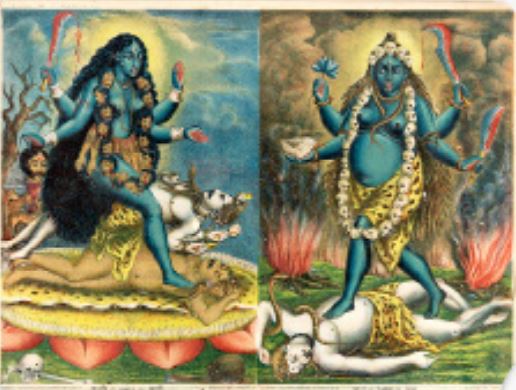 A colourful lithographic illustration in the collection of the Metropolitan Museum of Art in New York. The Met website says the work dates back to “1885-90”. The illustration has two parts. On the left is Kali and on the right, Tara