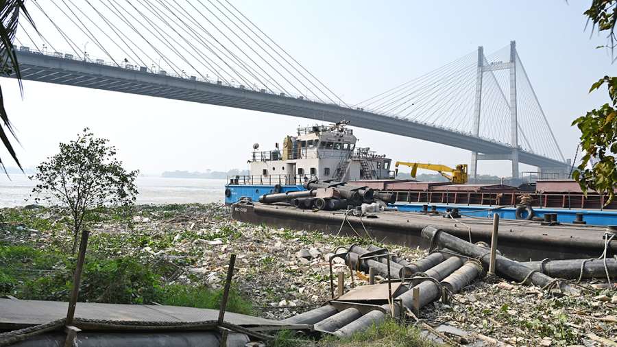Garbage dumped into the Hooghly near Prinsep Ghat on Thursday. 