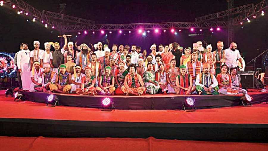 Tribal musicians from all over the country and members of contemporary fusion band Swarathma assembled on stage after their performance of the songs in Rhythms of the Earth, a collaborative music album, that was released earlier that evening