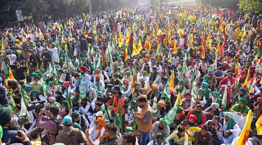 Farmers from various farmer organisations stage a protest at Mohali-Chandigarh border, in Chandigarh.