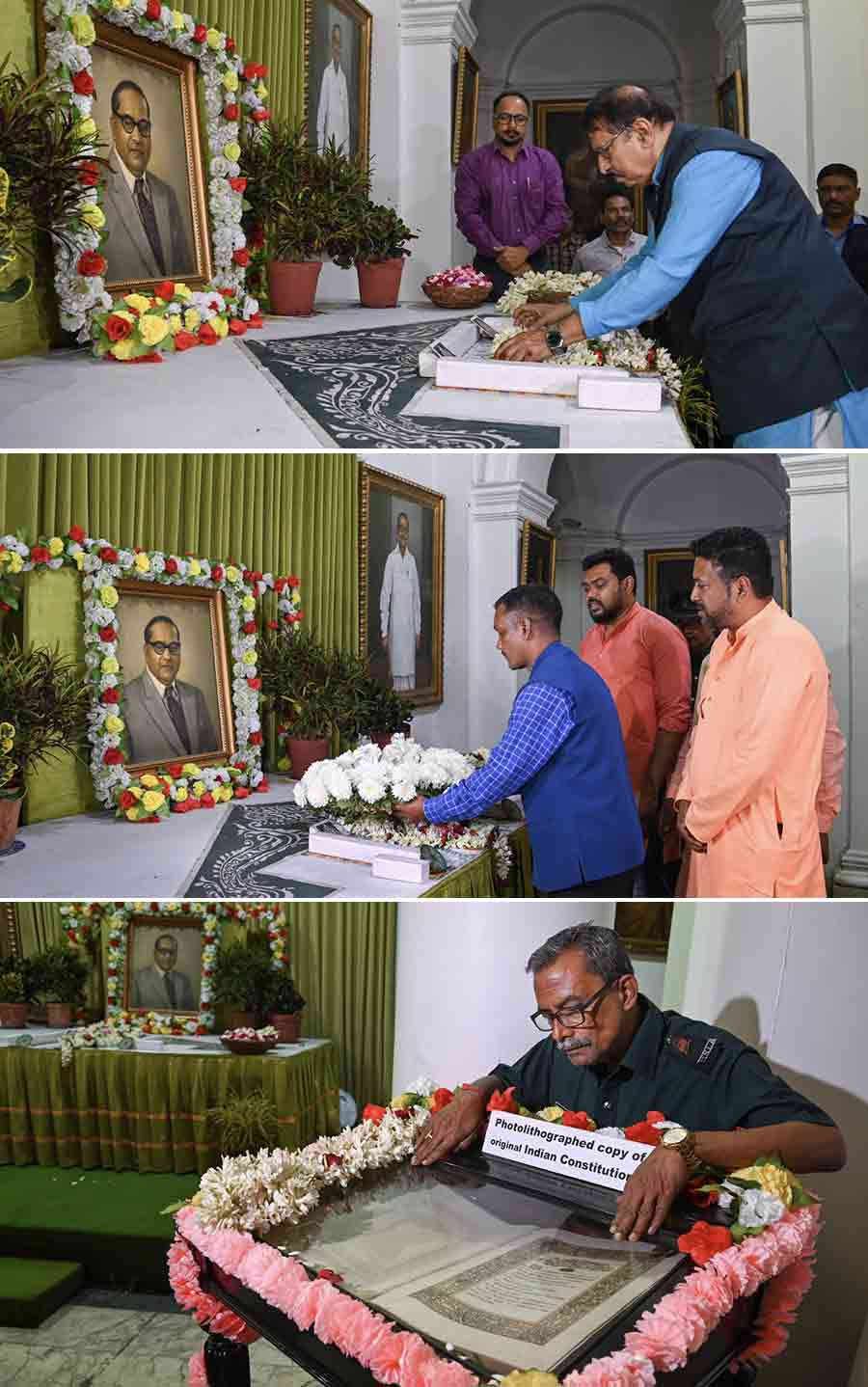 (FROM TOP) As part of the Constitution Day celebrations at the state legislative Assembly in Kolkata, West Bengal legislative Assembly speaker, Biman Banerjee, and BJP MLAs pay tribute to BR Ambedkar, chairperson of the drafting committee of the Constitution; deputy marshall, West Bengal legislative Assembly, Bholanath Mukherjee, takes a close look at a photolithographic copy of the original Constitution at the event. Constitution Day is celebrated on November 26 to mark the date of adoption of the Indian Constitution in 1949. It came into effect on January 26, 1950