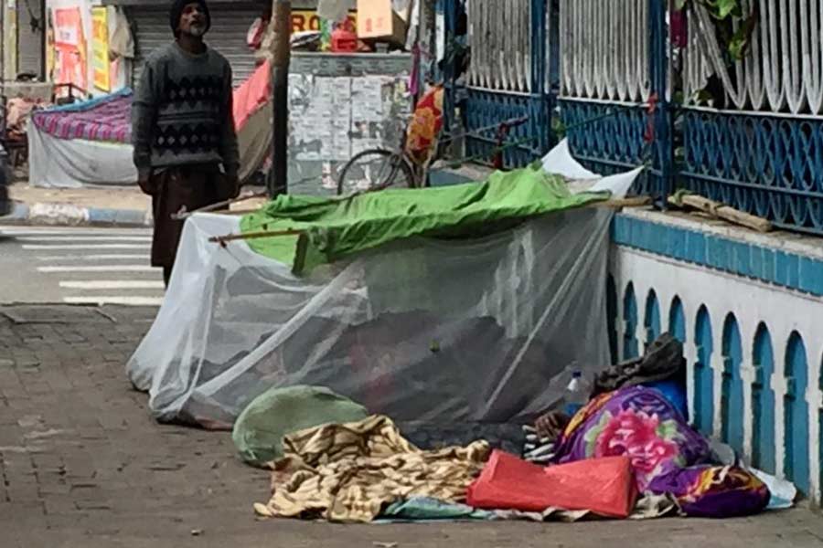 A pavement dweller sleeps inside a mosquito net while another person sleeps in the open in north Kolkata. Dengue awareness and cleanliness drives have been arranged at several wards in Kolkata