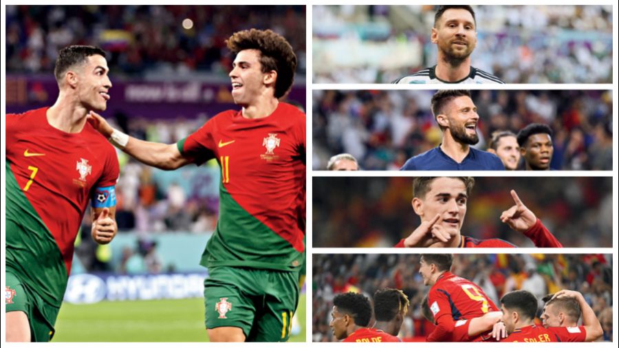 (Clockwise) Cristiano Ronaldo; Lionel Messi; Olivier Giroud; Gavi; and the Spanish team in celebration