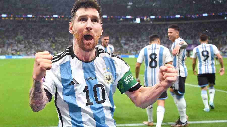 Lionel Messi lets out a roar after scoring Argentina’s first goal in their do-or-die match against Mexico on Saturday.