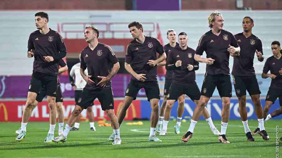 Germany players during a training session in Al Shamal on Friday.