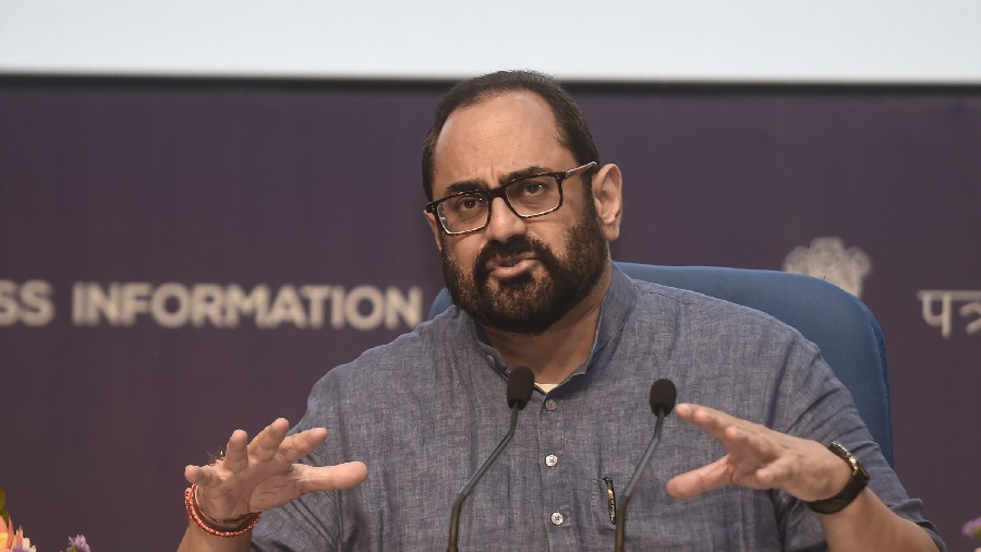 Union Minister of State for Electronics and IT, Skill Development, and Entrepreneurship Rajeev Chandrasekhar speaks at the release of the report 'Globalise to Localise: Exporting at Scale and Deepening the Ecosystem are Vital to Higher Domestic Value Addition in Electronics', during a press conference, in New Delhi, Monday, August 29, 2022.
