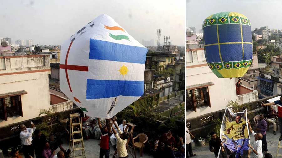People fly FIFA World Cup-themed ‘phanush’ with flags of Brazil, Argentina and England at Milk Colony, Kolkata, on November 27, Sunday
