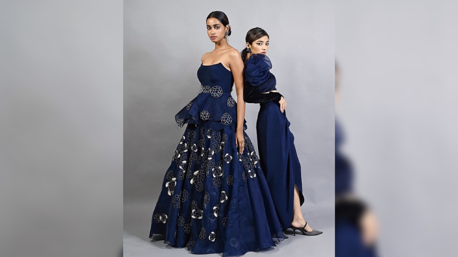 While the peplum gown in blue with floral applique details is red carpet (left), the look on the right comprises romantic separates.