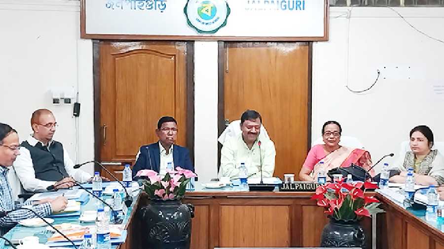 State irrigation minister Partha Bhowmik (centre) at the meeting in Jalpaiguri on Saturday