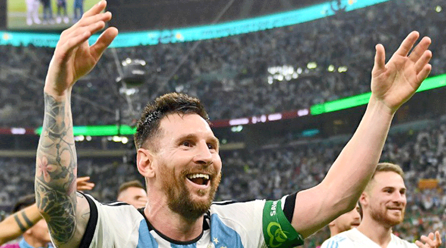 Lionel Messi acknowledges the support Argentina received from their fans at the Lusail Stadium on Saturday.