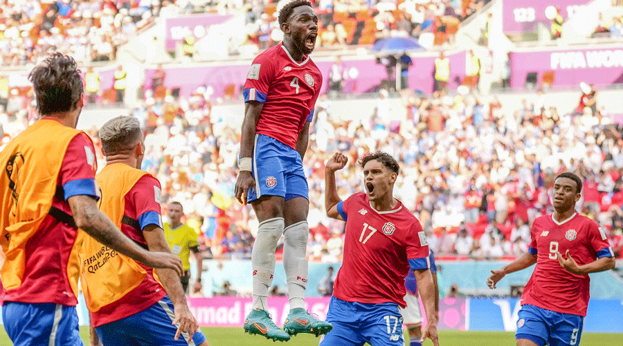 Costa Rica’s Keysher Fuller leaps up in joy after scoring against Japan on Sunday.