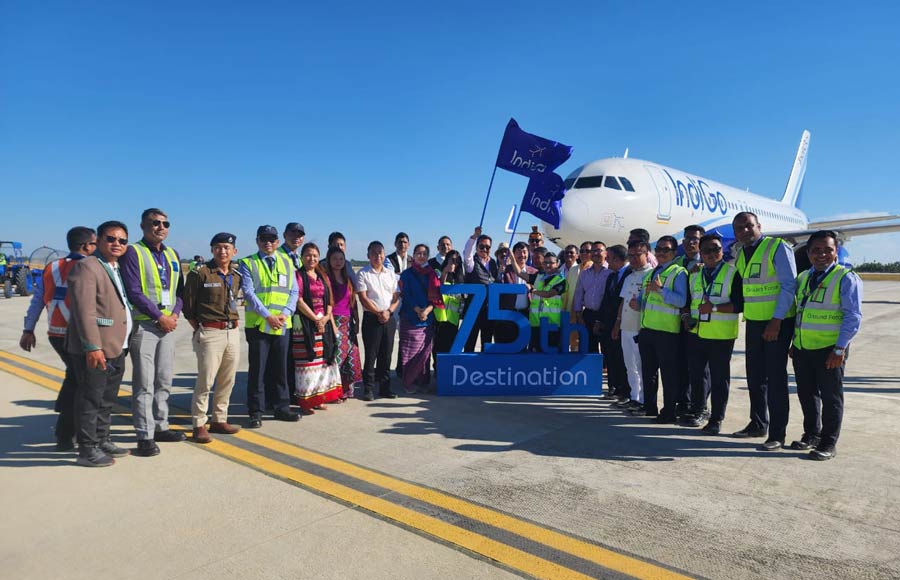 Arunachal Pradesh deputy chief minister, Chowna Mein, flags off the maiden flight of Indigo from Hollongi to Kolkata at Donyi-Polo Airport in Itanagar on Monday, November 28, 2022. Union civil aviation minister, Jyotiraditya Scindia, inaugurated the flight service virtually.   