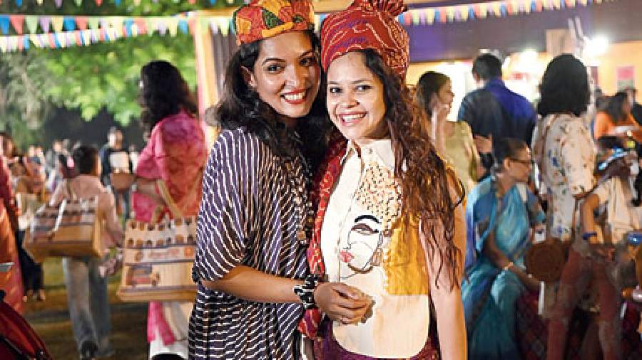Nandita Daga (right) with friend Manjari Damani posed in a Rajasthani pagdi. “We are having a beautiful and colourful time at BRC and we think every person in Kolkata should bring their kids here as you get diverted to a different world altogether which is beautiful Rajasthan,” they said