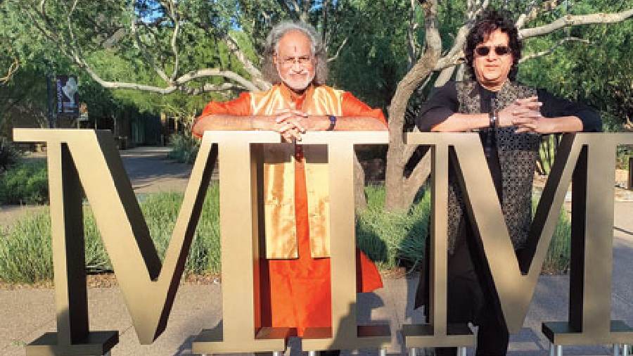 Pandit Vishwa Mohan Bhatt and Subhen Chatterjee at Musical Instruments Museum in Arizona.The museum is unique and has musical instruments belonging to legends like Pandit Ravi Shankar, Ustad Bismillah Khan, Eric Clapton and George Benson’s guitars