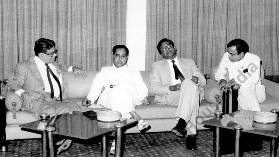 With Pranab Mukherjee and Murli Deora, 1983