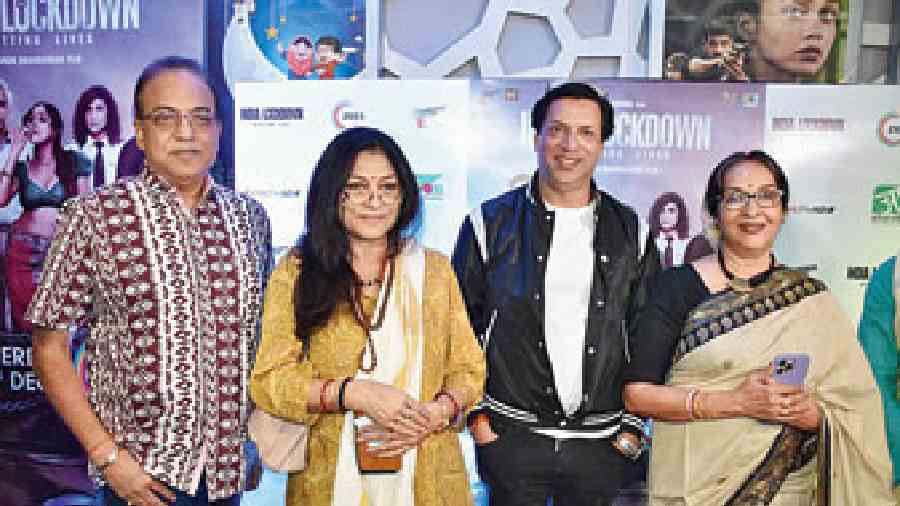 Stalwarts from the industry, Arindam Sil, Roopa Ganguly and Mamata Shankar (extreme right) during the Calcutta premiere of India Lockdown held at Acropolis Mall