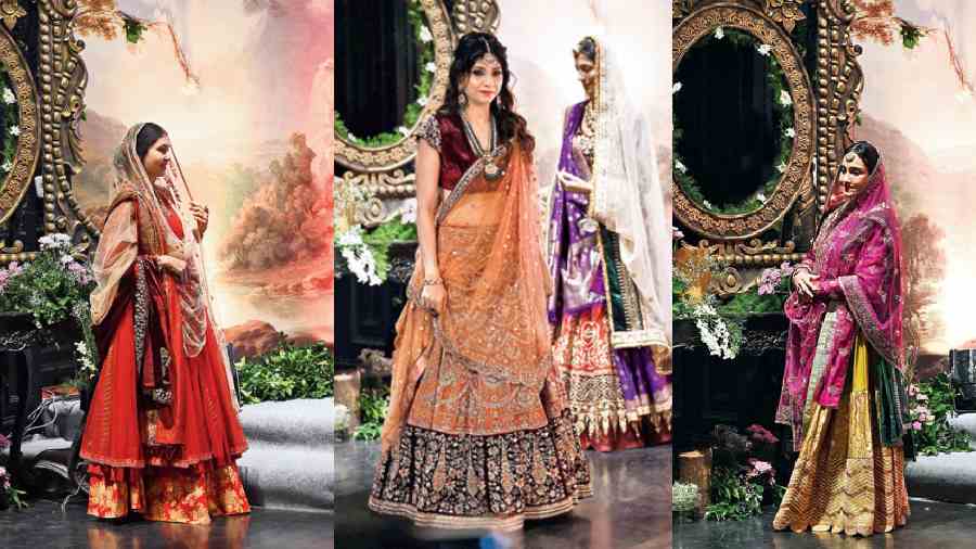 Glimpses from the show. The ladies of FICCI Flo walked the ramp in outfits from ‘Damayanti’ and costumes from Bajirao Mastani and Ram Leela, that were designed by Anju Modi. The looks were complemented with jewellery from Chirag Jewellers. “In my younger days, I used to sketch a lot of Raja Ravi Varma paintings and was so much inspired by the looks and colour combination. There is something very beautiful about them and the nature depicted in them. So, when I got an opportunity to make this collection it was very rewarding for me,” said Anju Modi about ‘Damayanti’.