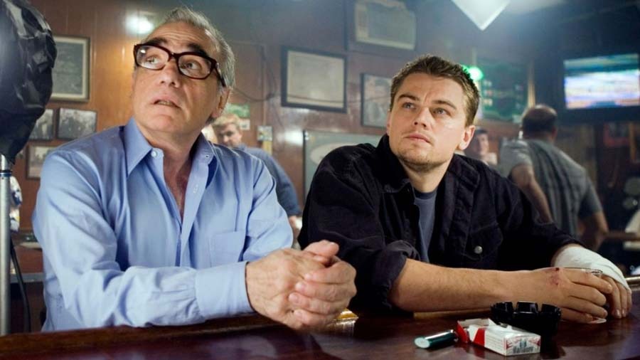 (L-R) Martin Scorsese and Leonardo DiCaprio on the set of The Departed (2006). 