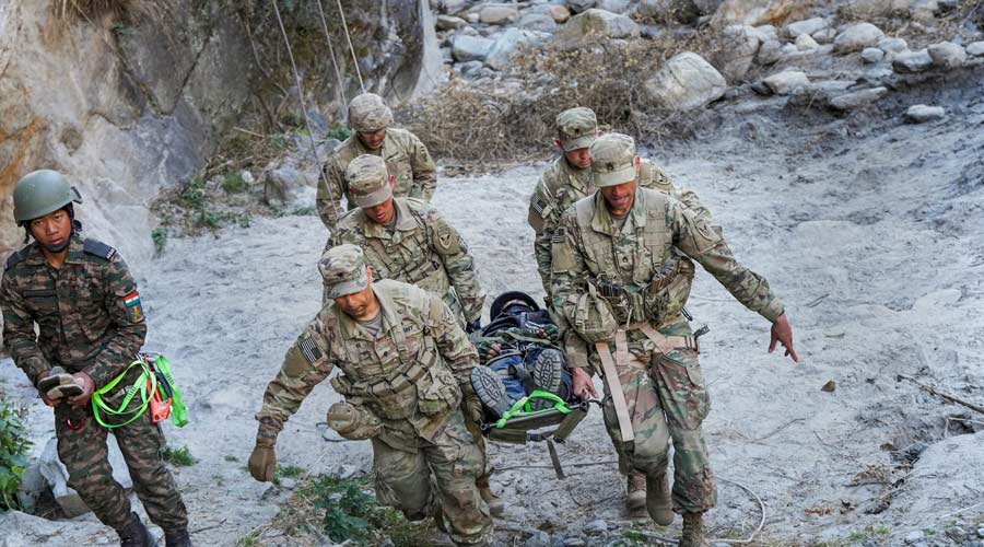 Indian and US Army personnel during a humanitarian and disaster relief exercise (HADR) amid the Indo-US joint exercise 'Yudh Abhyas', in Tapovan, Uttarakhand on Wednesday.