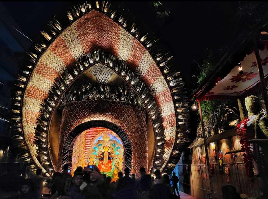 A glimpse of the Durga idol at Shiv Mandir Sarbajanin pandal, south Kolkata