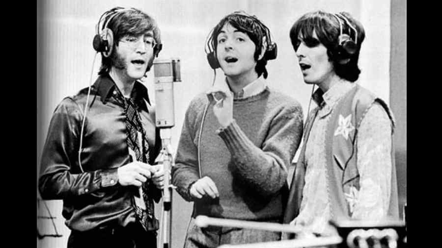 The Beatles at Abbey Road Studio Two on February 8, 1968, mixing The Inner Light and Across The Universe (overdubs)
