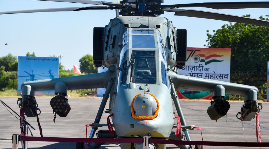 An indigenously built Light Combat Helicopter (LCH) before being formally inducted into the Indian Air Force (IAF) in Jodhpur on Monday.