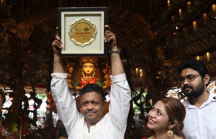 Kolkata mayor Firhad Hakim, the mainstay behind Chetla Agrani, with the Nirmal Puja plaque