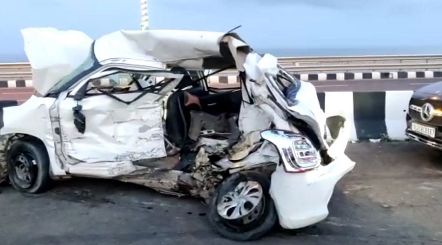 Wreckage of a car after a collision between four cars and an ambulance on the Bandra Worli Sea Link, in Mumbai on Wednesday morning.