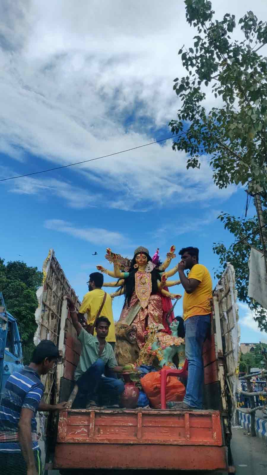 Between Prinsep ghat and Babughat, several idols of the Goddess were seen being taken for immersion