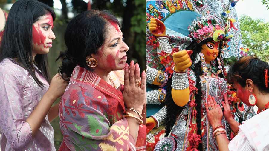 Obeisance to the goddess before immersion at Bichuli Ghat and Bagbazar Ghat on Wednesday