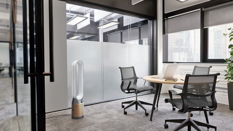 A Dyson air purifier at work in an office space