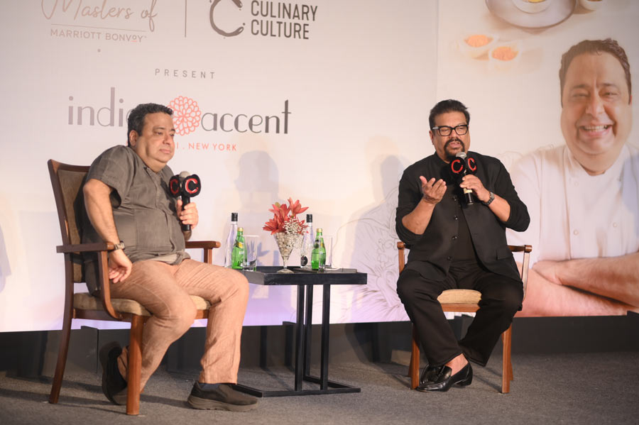 Manish Mehrotra and Vir Sanghvi in conversation on September 23 at JW Marriott Kolkata. Vir took the audience through the chef’s journey before and after Indian Accent. His opening lines on the chef? “The one person I've never heard anyone say a bad thing about is Manish Mehrotra. He's unquestionably the most popular chef in India. He's a man who has taken Indian food to new levels.” 