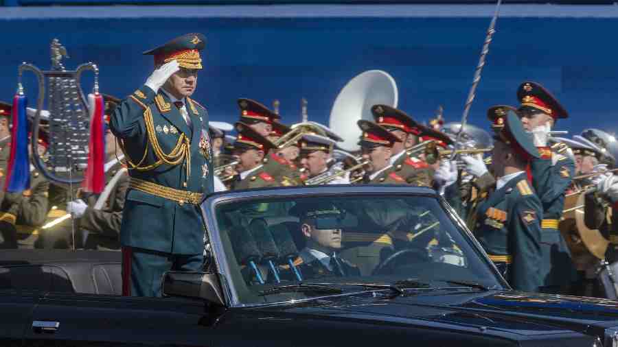 Russia’s defense minister, Sergei K. Shoigu, saluting Russian servicemen during the Victory Day military parade in Moscow.