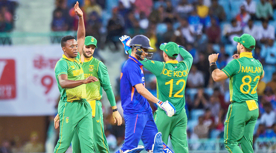 Kagiso Rabada (extreme left) celebrates with teammates after dismissing Shubman Gill in the first India-South Africa ODI in Lucknow on Thursday.