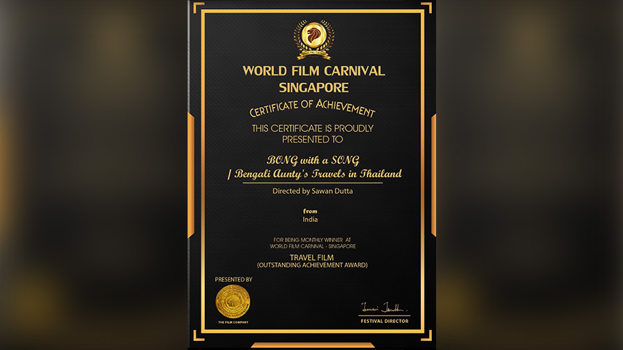 The award Sawan received at the World Film Carnival Singapore 