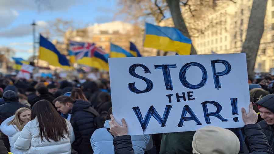 An anti-war protest in London, condemning Russian aggression in Ukraine.