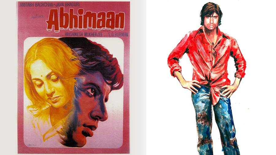 (L-R) Poster of Abhimaan; A 7ft cutout of Amitabh Bachchan created by the legendary poster designer Shrikant Dhongade, which is a highlight of this show.