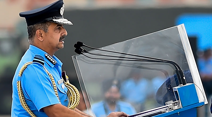 Indian Air Force Chief V R Chaudhari addresses during 90th anniversary celebrations of IAF, at the Air Force Station in Chandigarh.