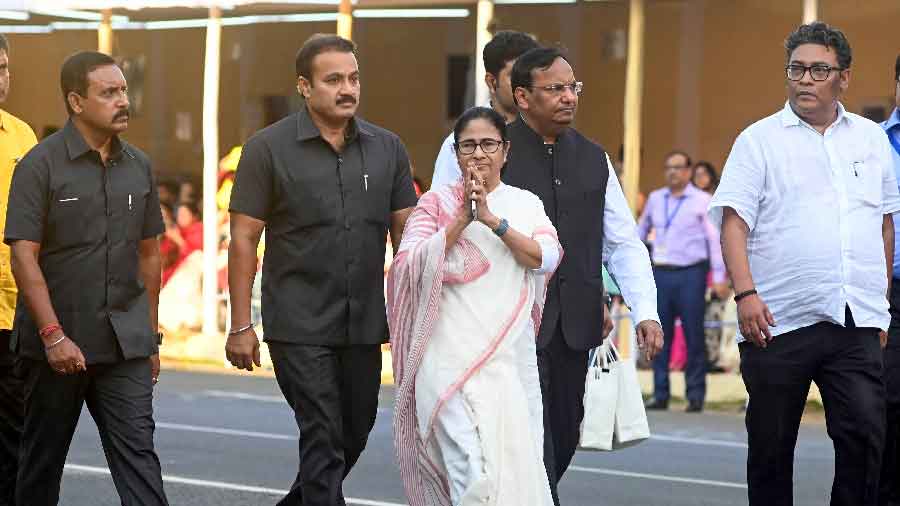 West Bengal Chief Minister Mamata Banerjee arrives to attend the Durga Puja carnival 