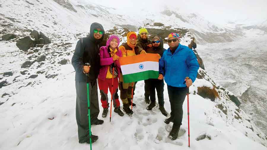 Some of the members of the Siliguri-based North Bengal Explorers’ Club at Annapurna Base Camp, Nepal, on October 6