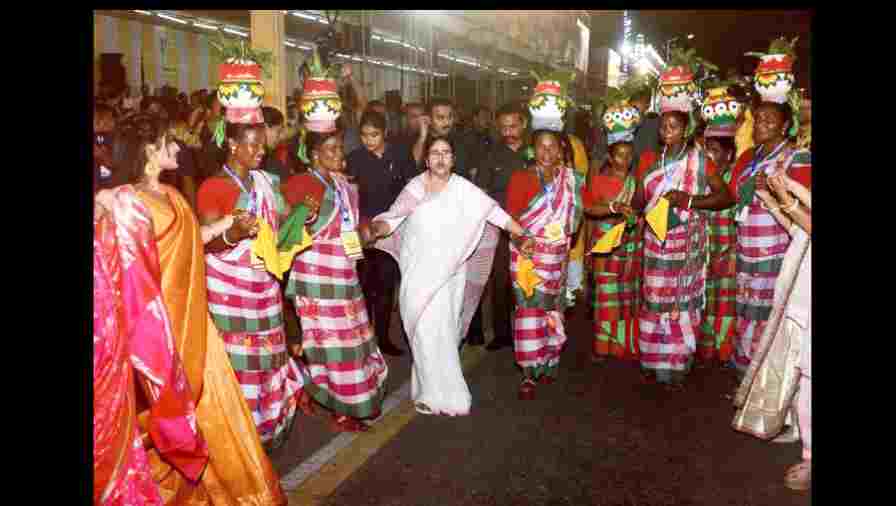 Chief minister Mamata Banerjee at the Durga Puja carnival on Red Road on Saturday evening.